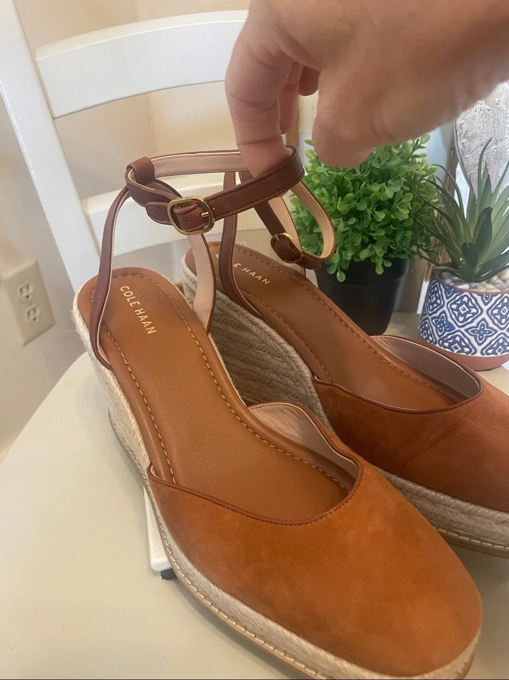 Cole Haan Women's Cognac Suede Espadrille Wedge Sandals Sz9.5 or 10 NEW